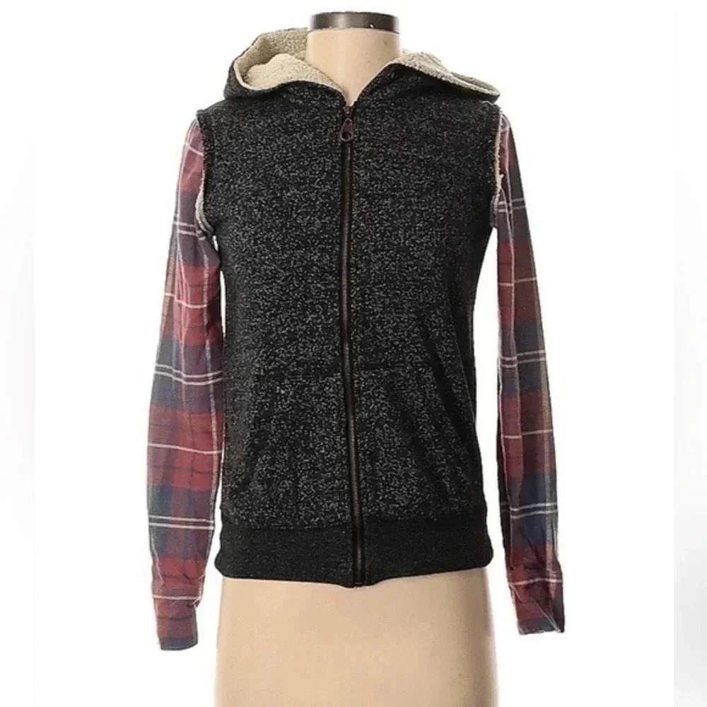 O’Neill Women’s Plaid Hoodie Size XS Full Zip Gray Sherpa Lined Jacket